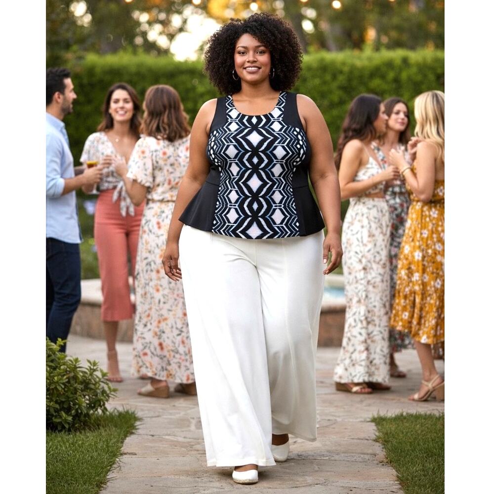 Lane Bryant Neoprene Top Black with Navy/White Tie Dye Zip Back 26W